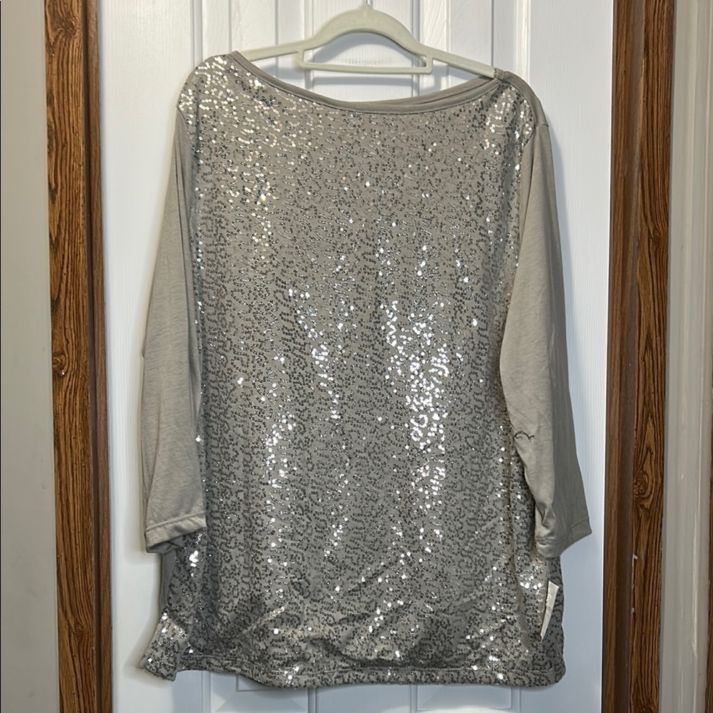 Sag Harbor Silver Sequin Oversized Blouse 2X NWT